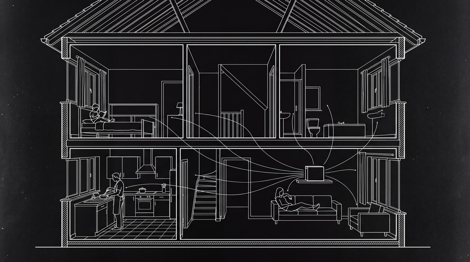Cutaway of a family home — lines from a small AI box in the living room reach every room and all stay under the roof